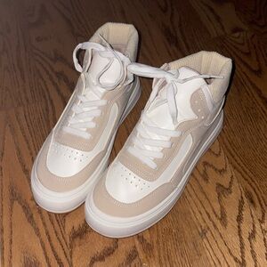 High top nude and white shoes